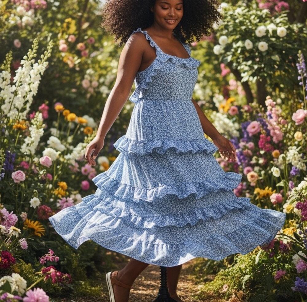 Alexia Admor Blue Calico Tiered Ruffle Dress SIZE 14 Party Cottage Designer $225